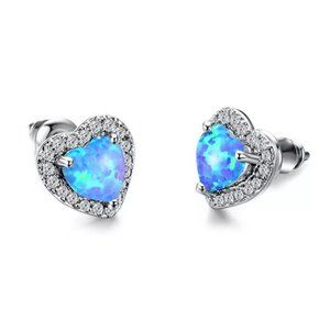 New Womens Blue Opal Heart 925 Sterling Earrings